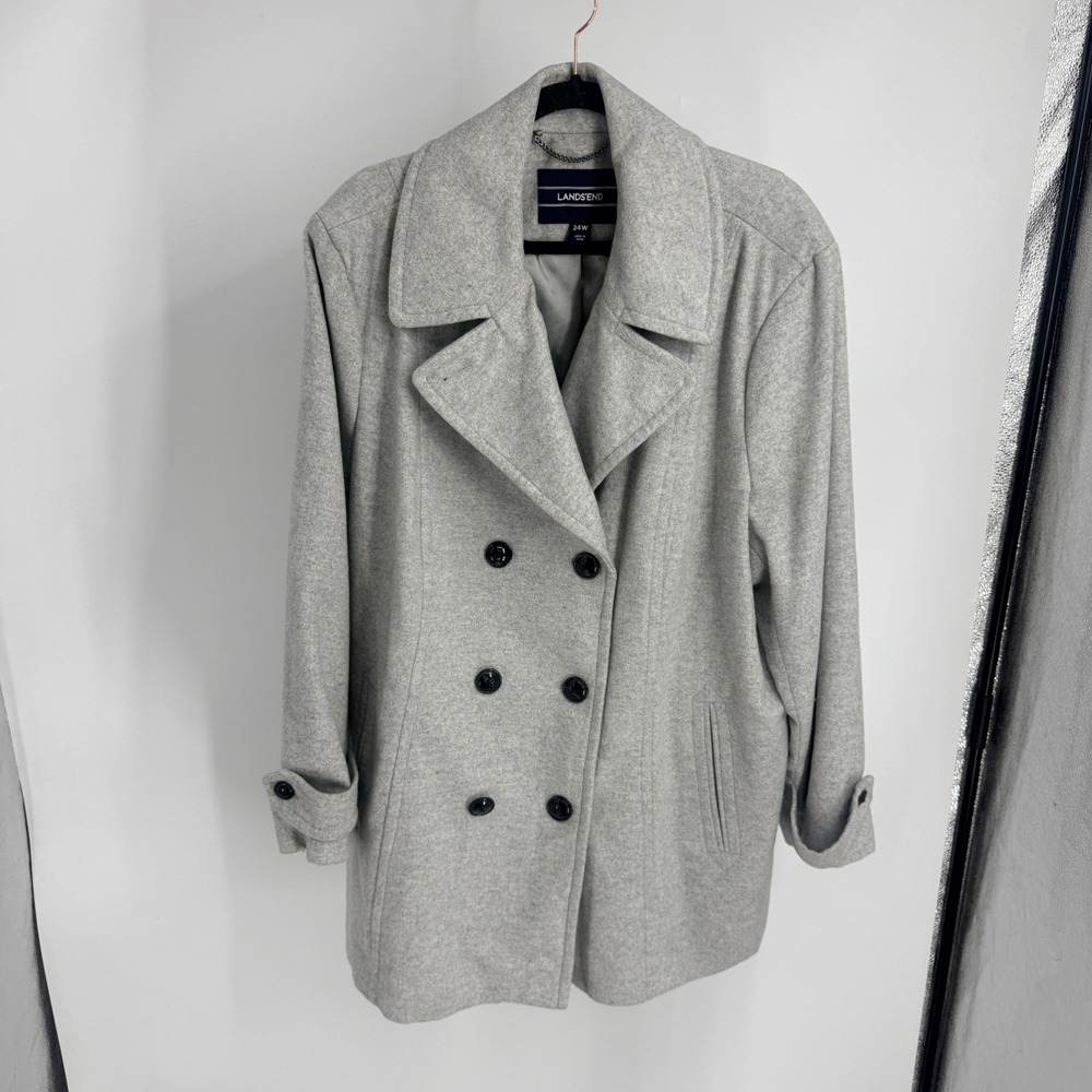 Lands' End Womens Gray Wool Blend Double Breasted Peacoat Plus Size 24W